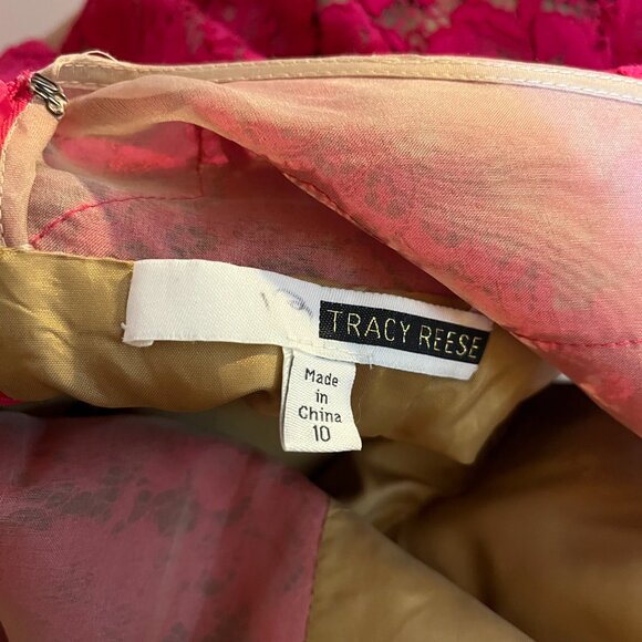 Tracy Reese Size 10 Hanky Hem Frock Sheer Lace Overlay Geranium Pink *Flaw - Picture 2 of 16